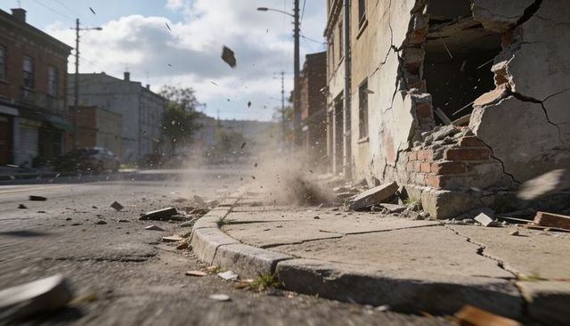 Collapsing brick facade dropping rubble on cracked curbside dust cloud in urban street