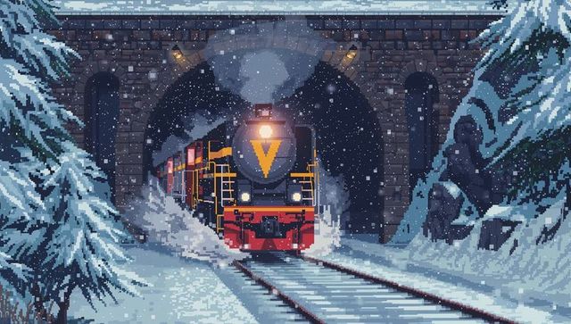 Retro pixel-art locomotive charging through snowy mountain tunnel, steam engine bursting out