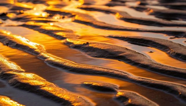 Golden sunset ripples on wet sand with reflective tidal pools and textured patterns close-up