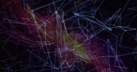 Translucent neon ribbon twisting through digital network of glowing nodes and polygon mesh