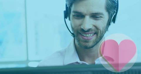 Smiling Customer Service Agent with Pink Heart Overlay