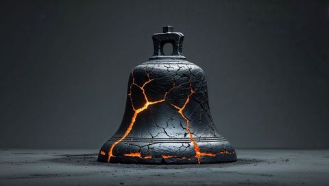 Cracked bell sculpture with glowing orange fissures