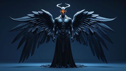 Mystical horned lucifer with glowing eyes extending dark wings