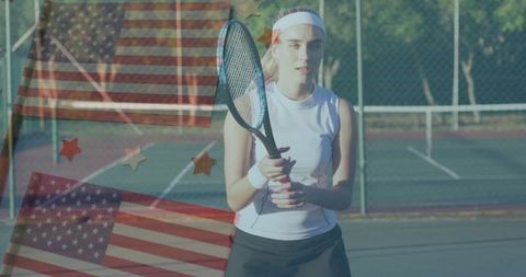 Female Tennis Player on Court with USA Flag Overlay