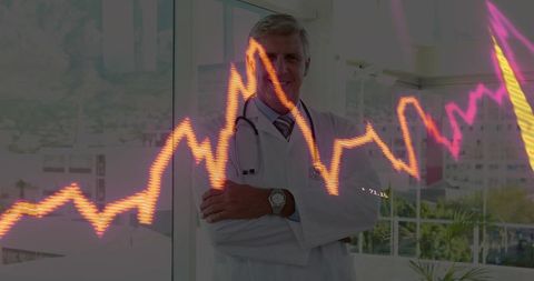 Doctor in Lab Coat Analyzing Graph with Digital Overlay