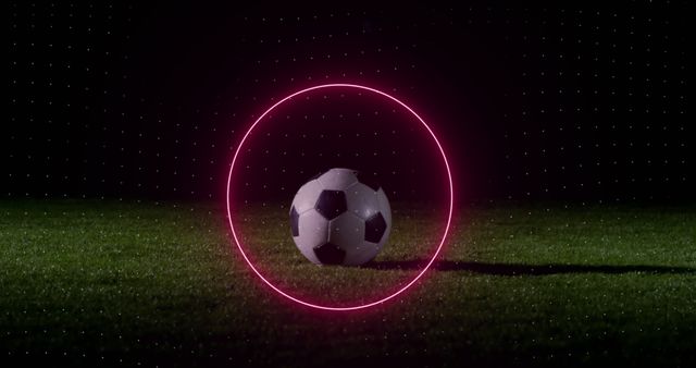 Graphic showing soccer ball on green field enclosed by vibrant neon circle. Perfect for sports events, advertisements, marketing materials, and digital art projects.