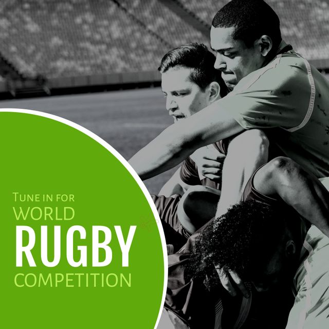 Composition of tune in for rugby competition text over diverse rugby players. World rugby contest and sport concept digitally generated image.