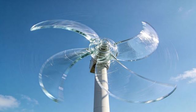 Spinning glass-look wind turbine with translucent blades reflecting sunlight in blue sky