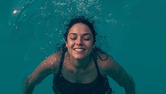 Smiling woman breaking teal water surface in black swimsuit, underwater splash portrait