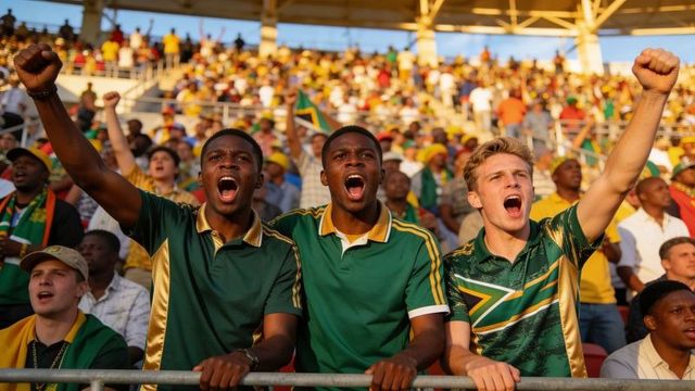 Cheering fans raising fists and chanting in front-row stadium crowd wearing green shirts