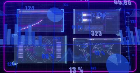 Futuristic holographic analytics dashboard with floating data panels and neon ui