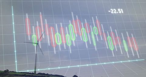 Wind Turbine with Financial Chart Overlay Symbolizing Green Energy and Market Trends