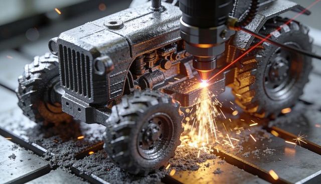 Cnc laser machining miniature metal tractor producing bright sparks and shavings