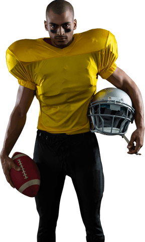 Transparent american football player holding helmet and ball