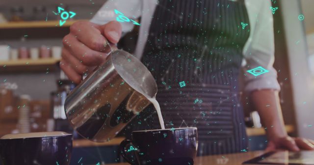 Barista Pouring Milk into Coffee with Digital Overlay - Download Free Stock Images Pikwizard.com