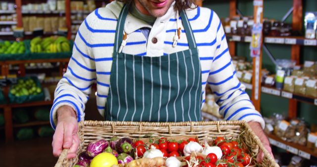 Smiling Grocery Worker Holding Fresh Vegetables in Wicker Basket - Download Free Stock Images Pikwizard.com