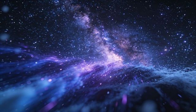 Streaming Galactic Starfield with Purple Nebula Trails Crossing Deep Space