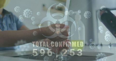 Child washing hands with virus awareness symbol overlay