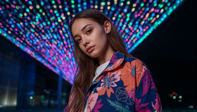 Stylish woman under vibrant multicolored led canopy at night