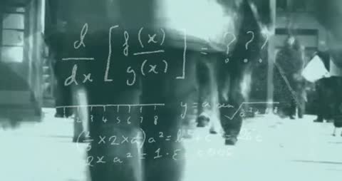 Pedestrians in Motion with Overlay of Mathematical Formulas in Urban Winter Scene