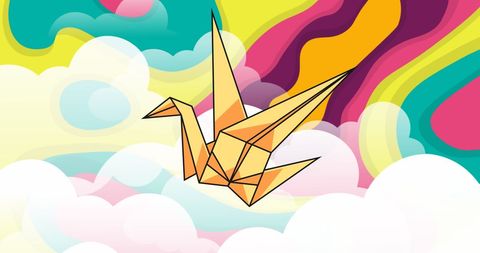 Colorful origami bird with retro neon background