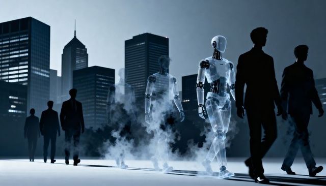 Ghostlike humanoid robots walking through urban plaza among suit-clad commuters at night