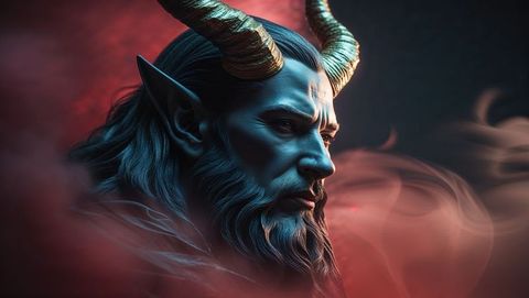 Satan figure with golden horns and mystical red glow
