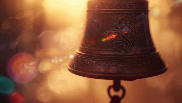 Ornate bronze bell hanging in sunlit outdoors with shimmering effect