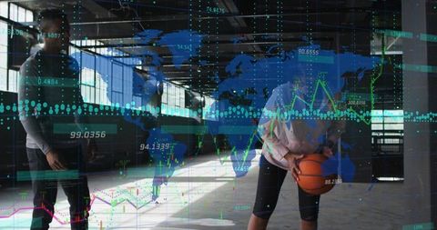 Urban Basketball Workout in Industrial Warehouse with Futuristic Data Overlay