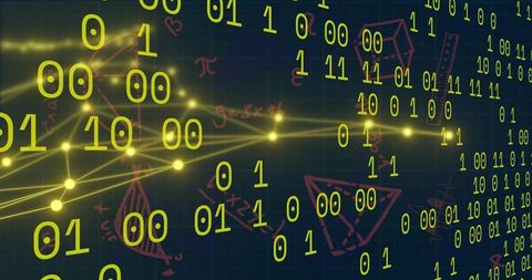 Streaming Neon Binary Data with Glowing Network Nodes and Hand-Drawn Math Sketches