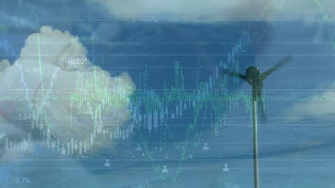 Financial Data Flowing Over Wind Turbine Against Sky