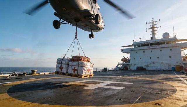 Medium-lift helicopter lowering humanitarian cargo pallet onto ship helipad at sea