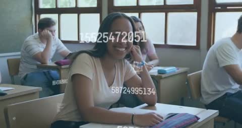 Teenage Student Engaging in Classroom with Live Data Overlay