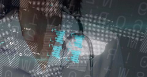 Female doctor presenting futuristic medical data overlays with world map hud and stethoscope