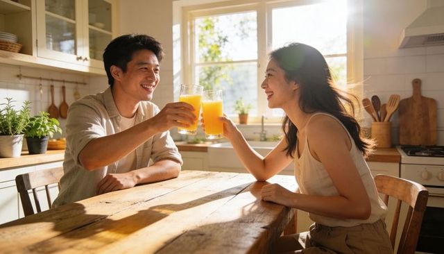 Couple clinking orange juice glasses in sunlit rustic kitchen morning toast
