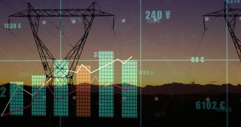 Silhouetting power pylons at sunset with energy grid charts, analytics, data visualization