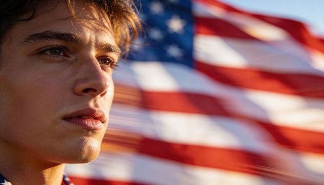Teen male gazing with waving american flag at golden hour - patriotic portrait