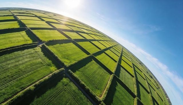 Curving patchwork showing green farmland and hedgerows at sunrise, drone aerial view