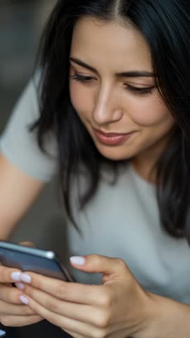 Vertical video Middle Eastern woman scrolling smartphone and smiling in lounge