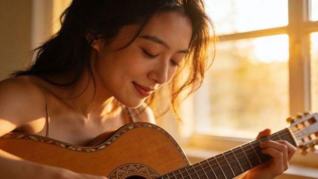 Woman strumming acoustic guitar wearing thin-strap camisole in golden hour light