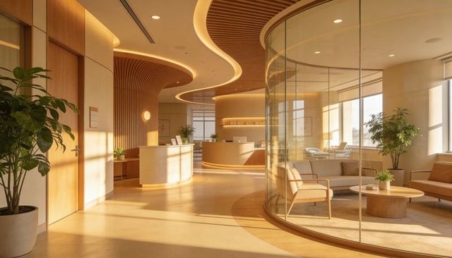 Curved glass-walled lounge with sofas and coffee table in warm minimalist office lobby design