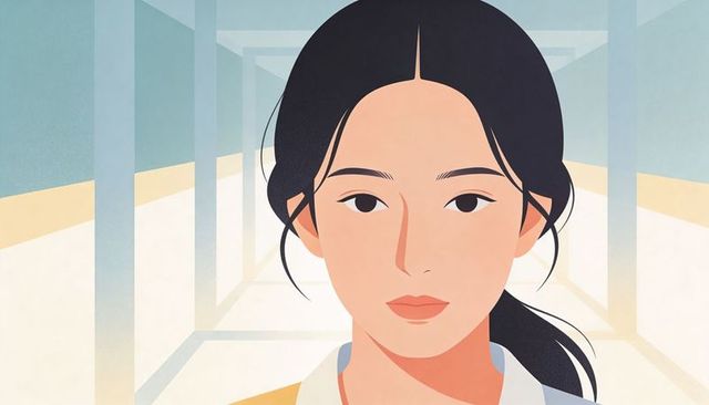 Young woman posing in minimalist pastel corridor headshot showing depth and repetition