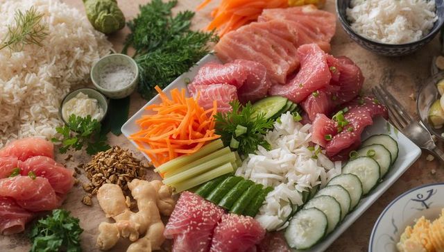 Artisan sashimi platter featuring fresh tuna, salmon, rice and crisp vegetable garnishes