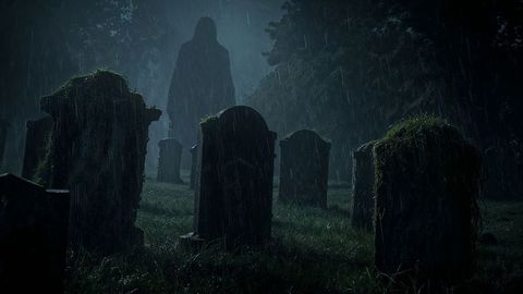Mysterious frankenstein figure in rain-soaked graveyard
