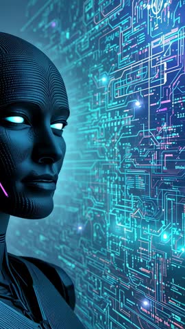 Plated android turning toward glowing circuitry wall in vertical futuristic video