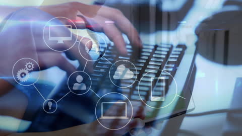 Woman Typing with Digital Network Overlaid