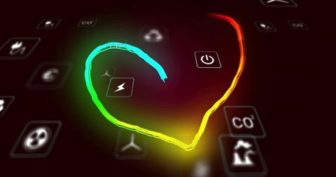Glowing neon heart hovering over futuristic energy interface showing co2 and power icons