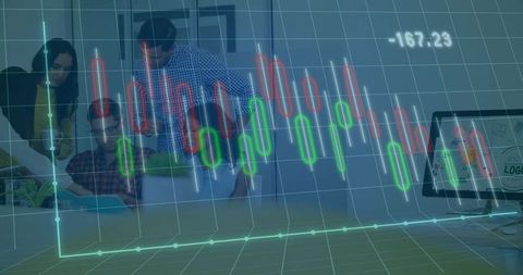 Team analyzing candlestick stock chart on laptop in modern office for finance strategy