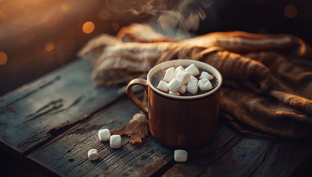 Cozy Mug of Hot Cocoa with Marshmallows on Rustic Table