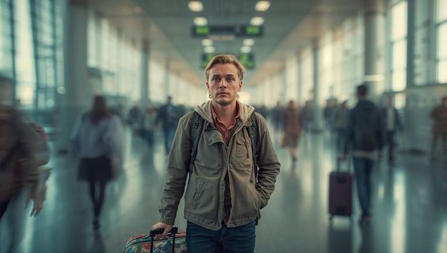 Young traveler stands alone amidst airport crowd with luggage